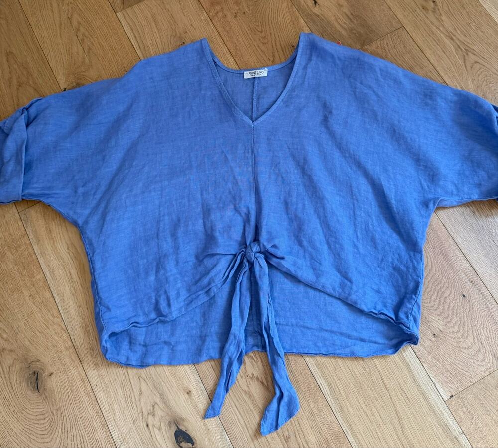 Puro Lino Made in Italy Womens OS Blue 100% Linen Oversized Tie Front V Neck Top
